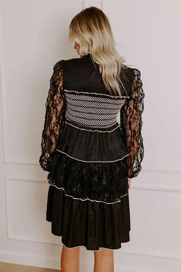 Romantic Notion Lace Tiered Mini Dress in Black