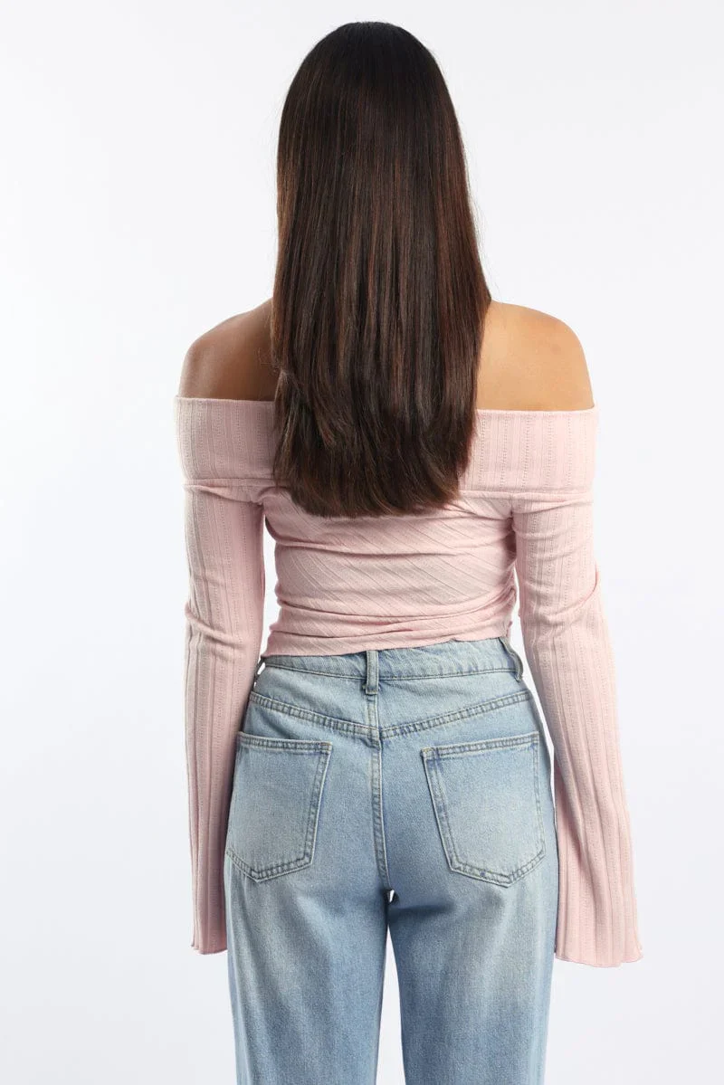 Pink Off Shoulder Top Long Sleeve Ruched