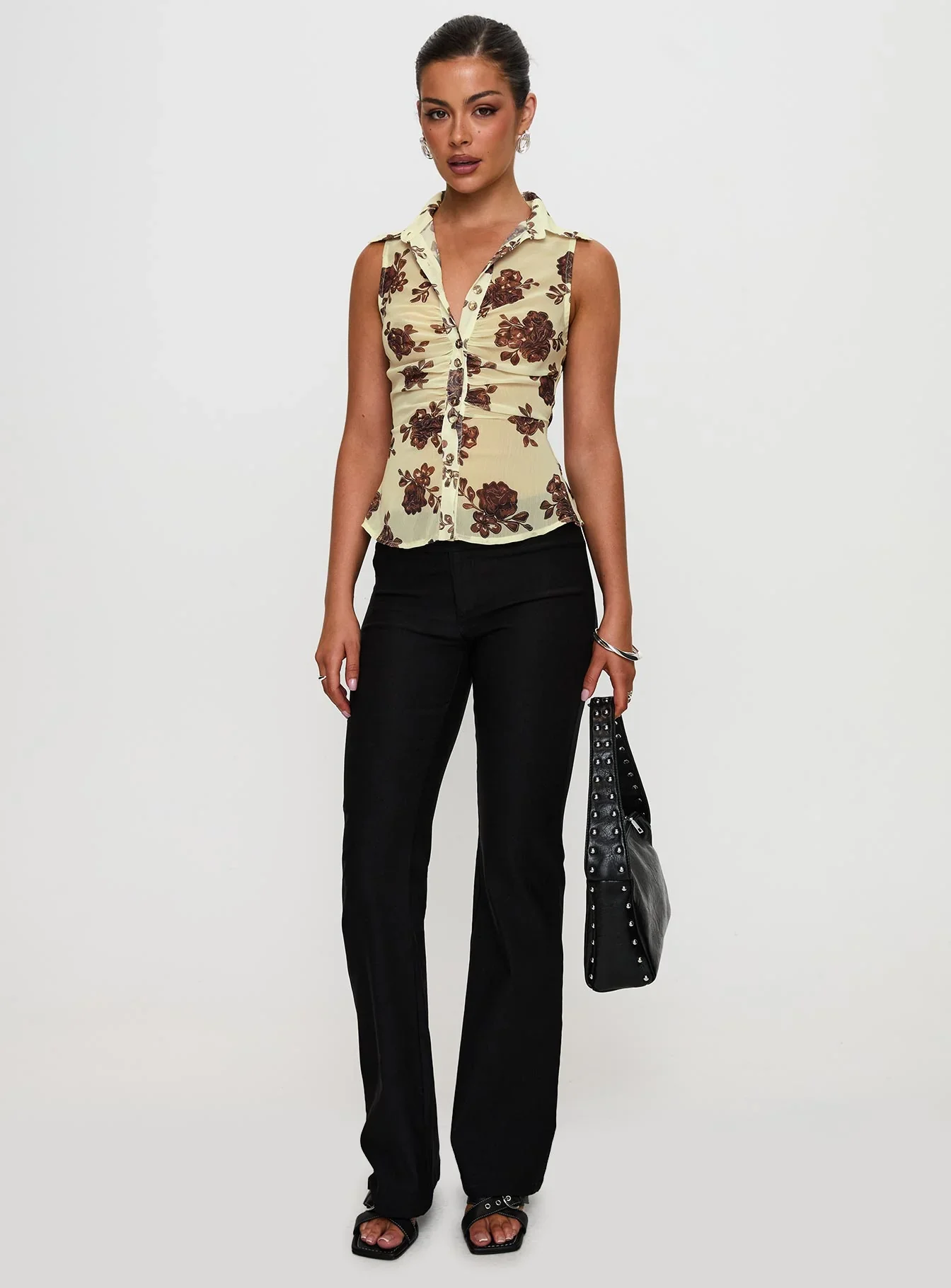 Present Tense Sheer Ruched Top Yellow Floral