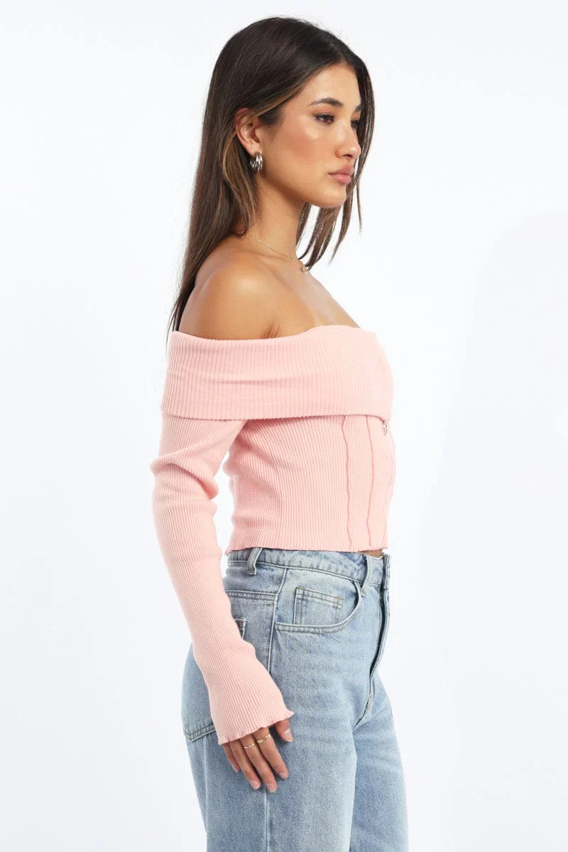 Pink Knit Top Long Sleeve Off Shoulder Zip Front