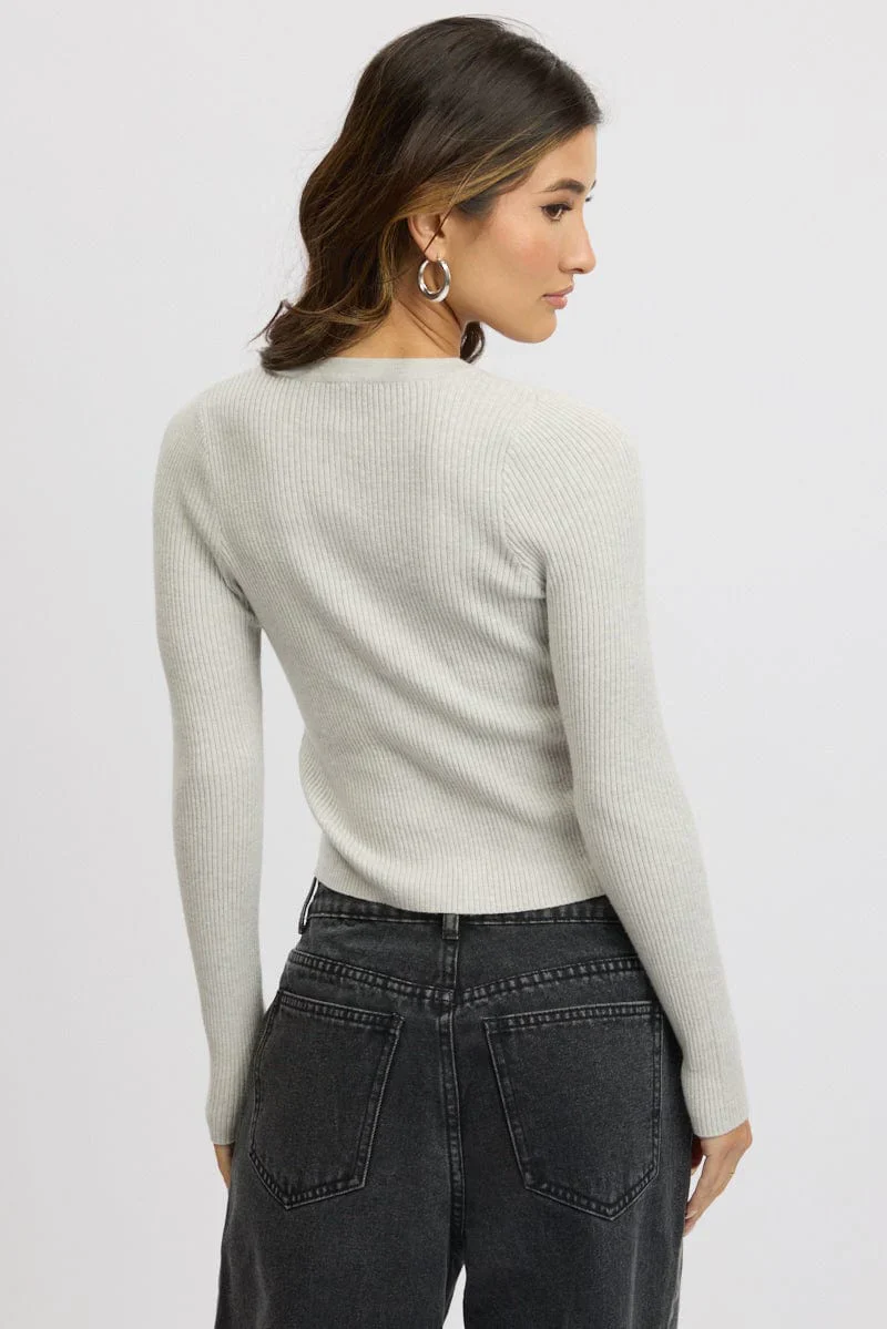 Grey Knit Cardigan Long Sleeve Crew Neck Button Up