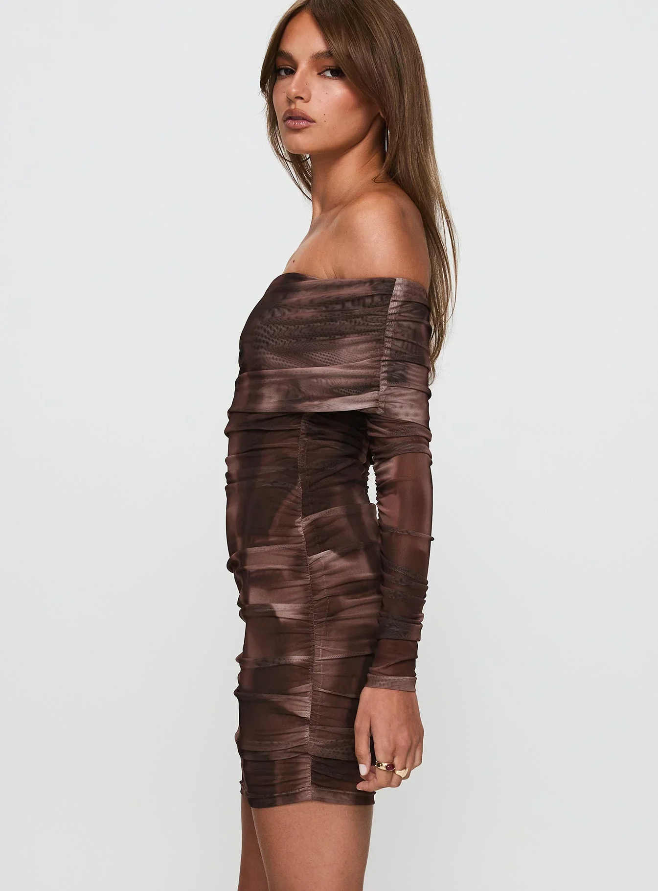 Raquella Long Sleeve Mini Dress Brown