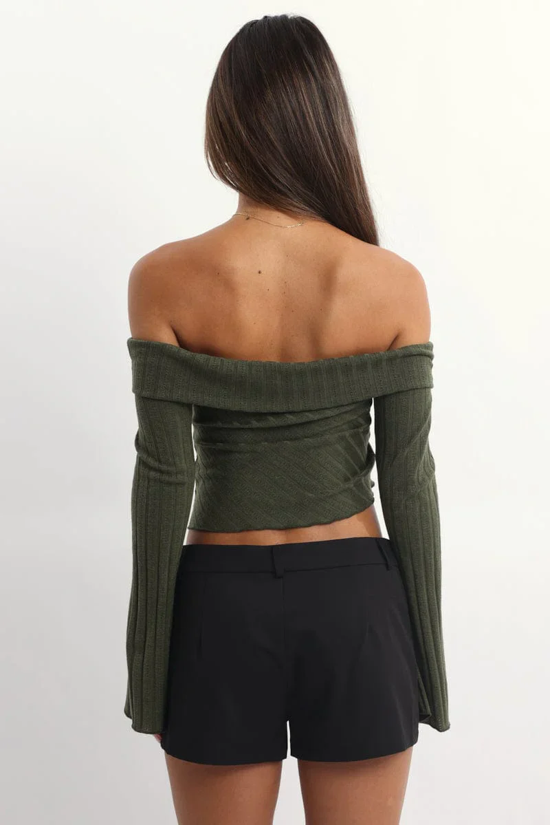 Green Off Shoulder Top Long Sleeve Ruched