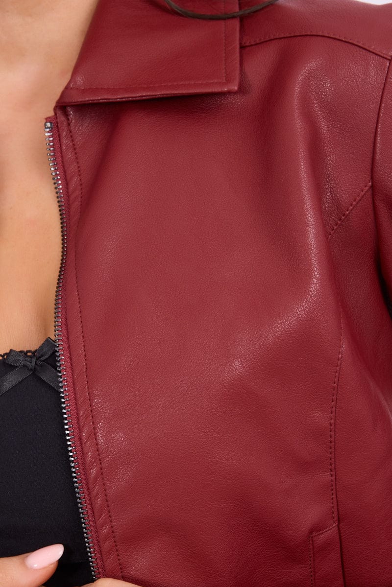 Red Faux Leather Jacket Long Sleeve