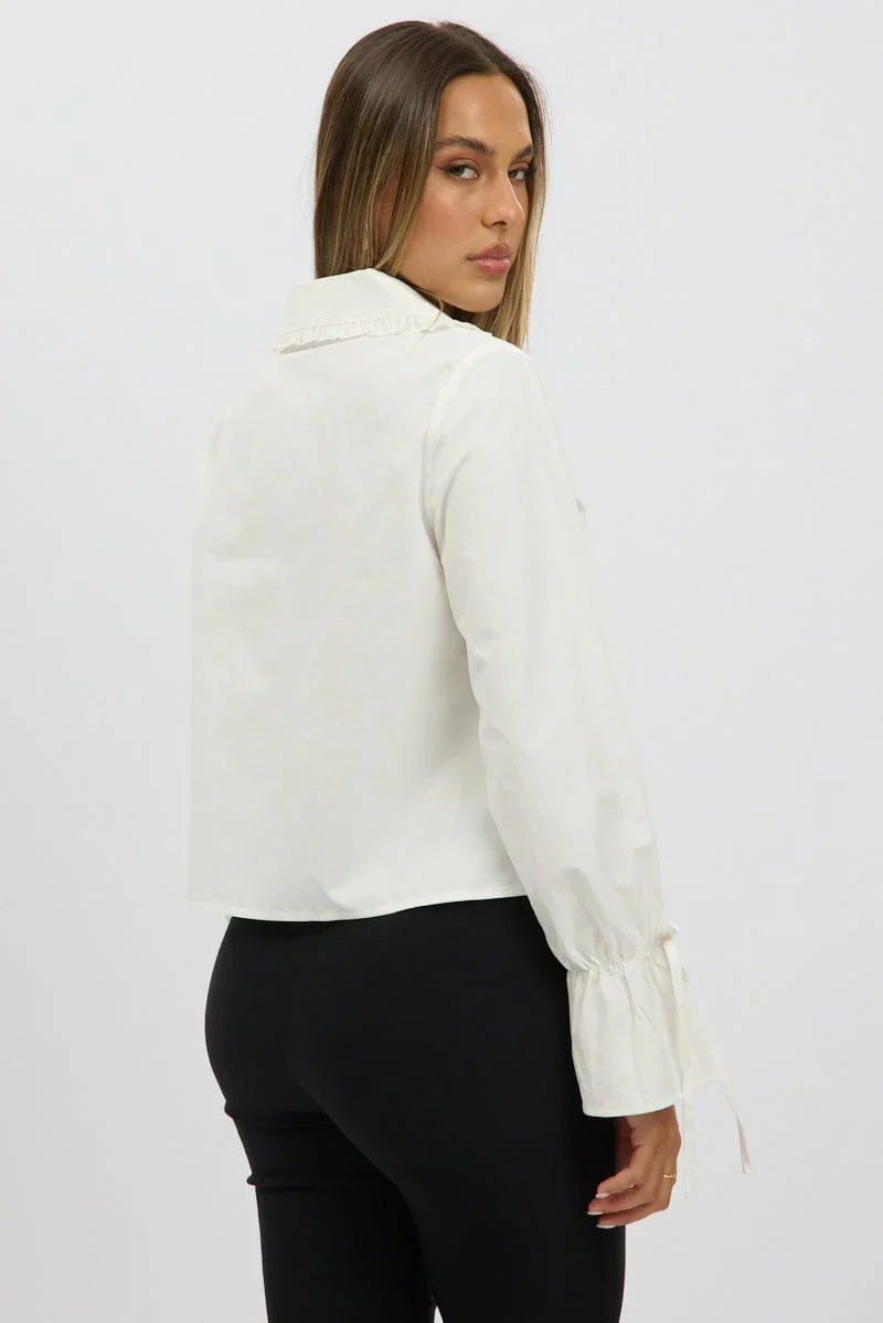 White Tie Up Shirt Long Sleeve Peter Pan Collar