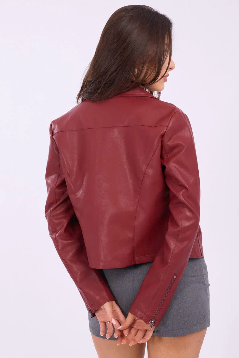 Red Faux Leather Jacket Long Sleeve