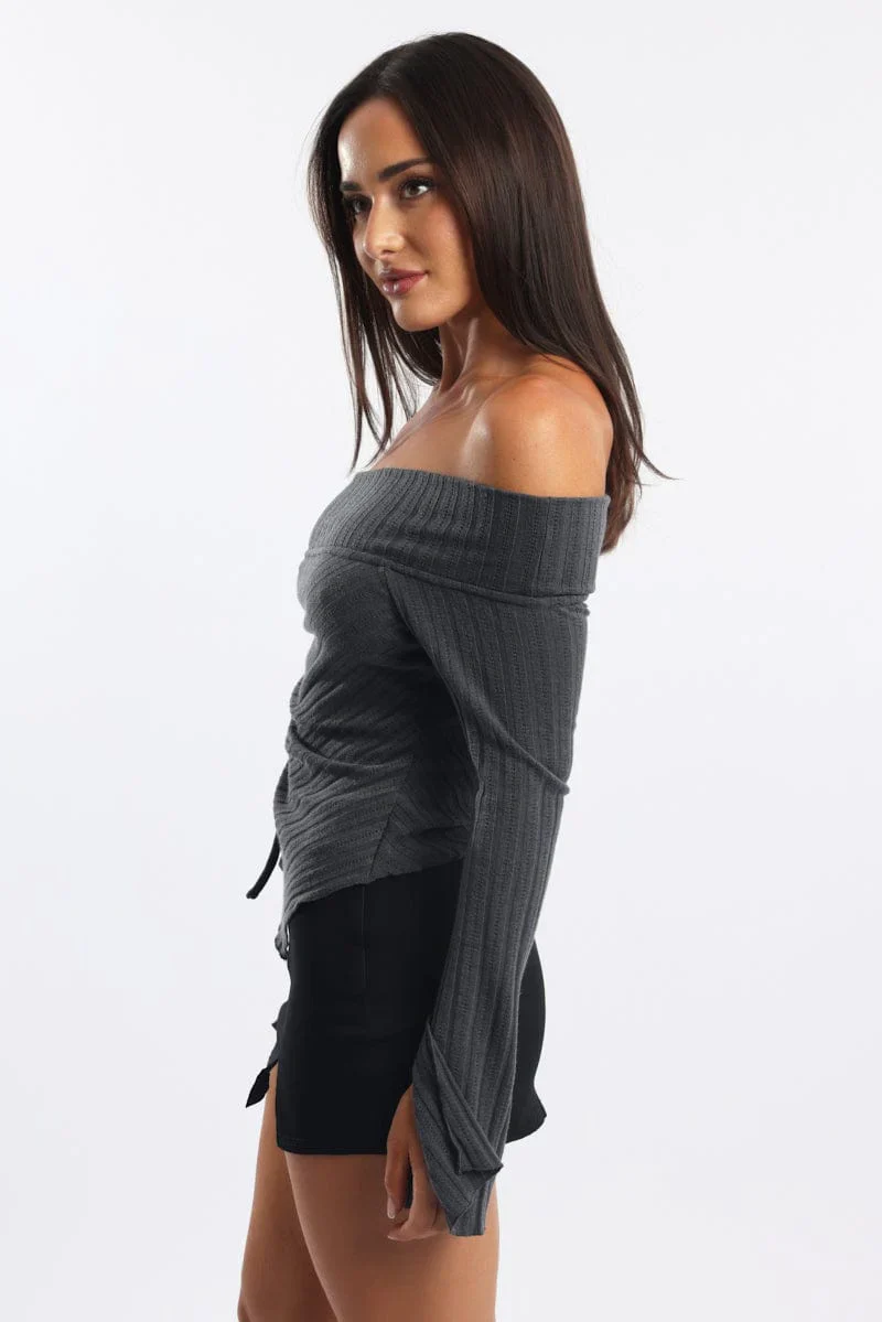 Grey Off Shoulder Top Long Sleeve Ruched