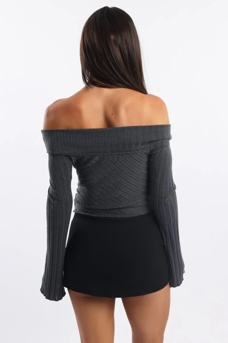 Grey Off Shoulder Top Long Sleeve Ruched