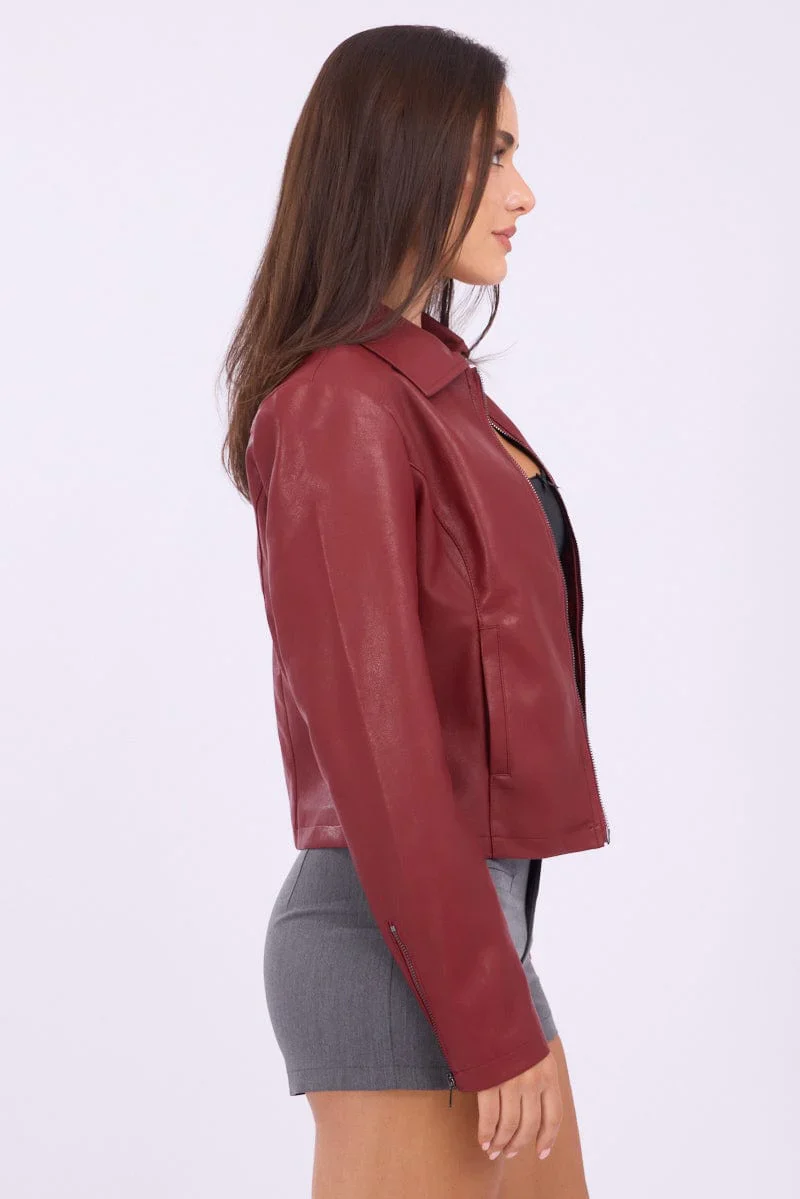 Red Faux Leather Jacket Long Sleeve
