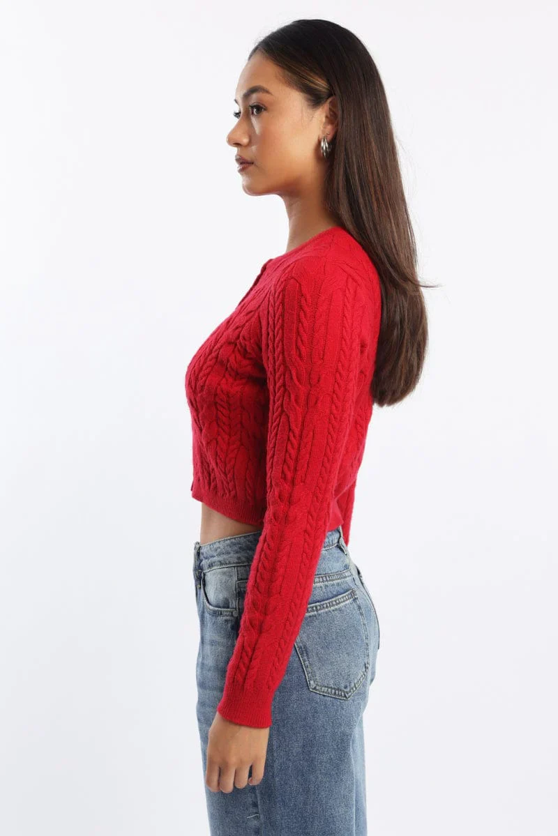 Red Knit Cardigan Long Sleeve Crew Neck