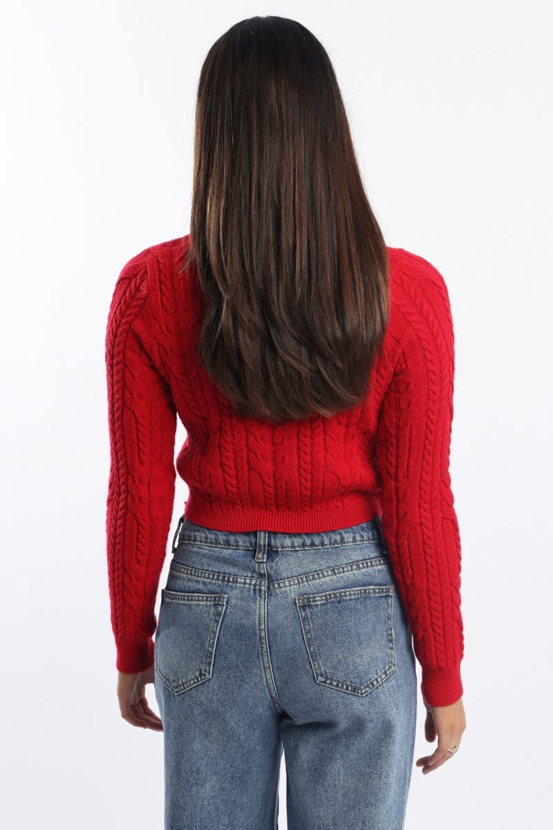 Red Knit Cardigan Long Sleeve Crew Neck