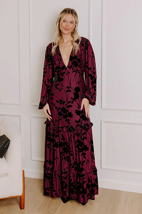 Moonlit Rendezvous Velvet Burnout Maxi Dress in Windsor Wine