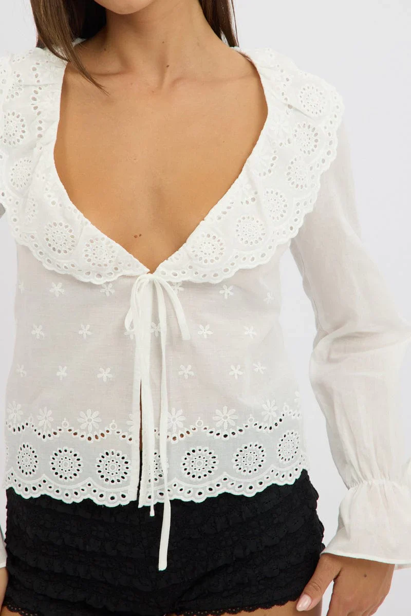 White Eyelet Top Tie Front Long Sleeve Collared