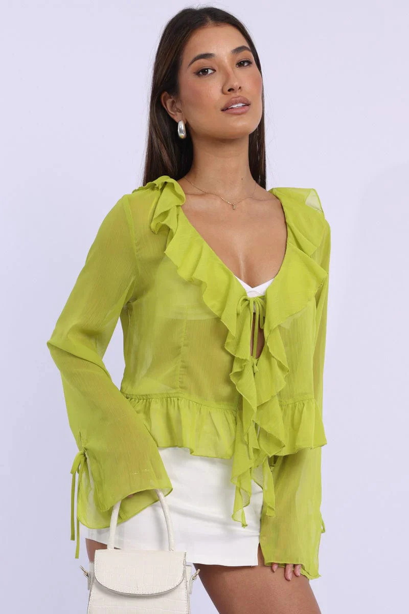 Green Tie Up Top Long Sleeve V Neck Frilled Romantic