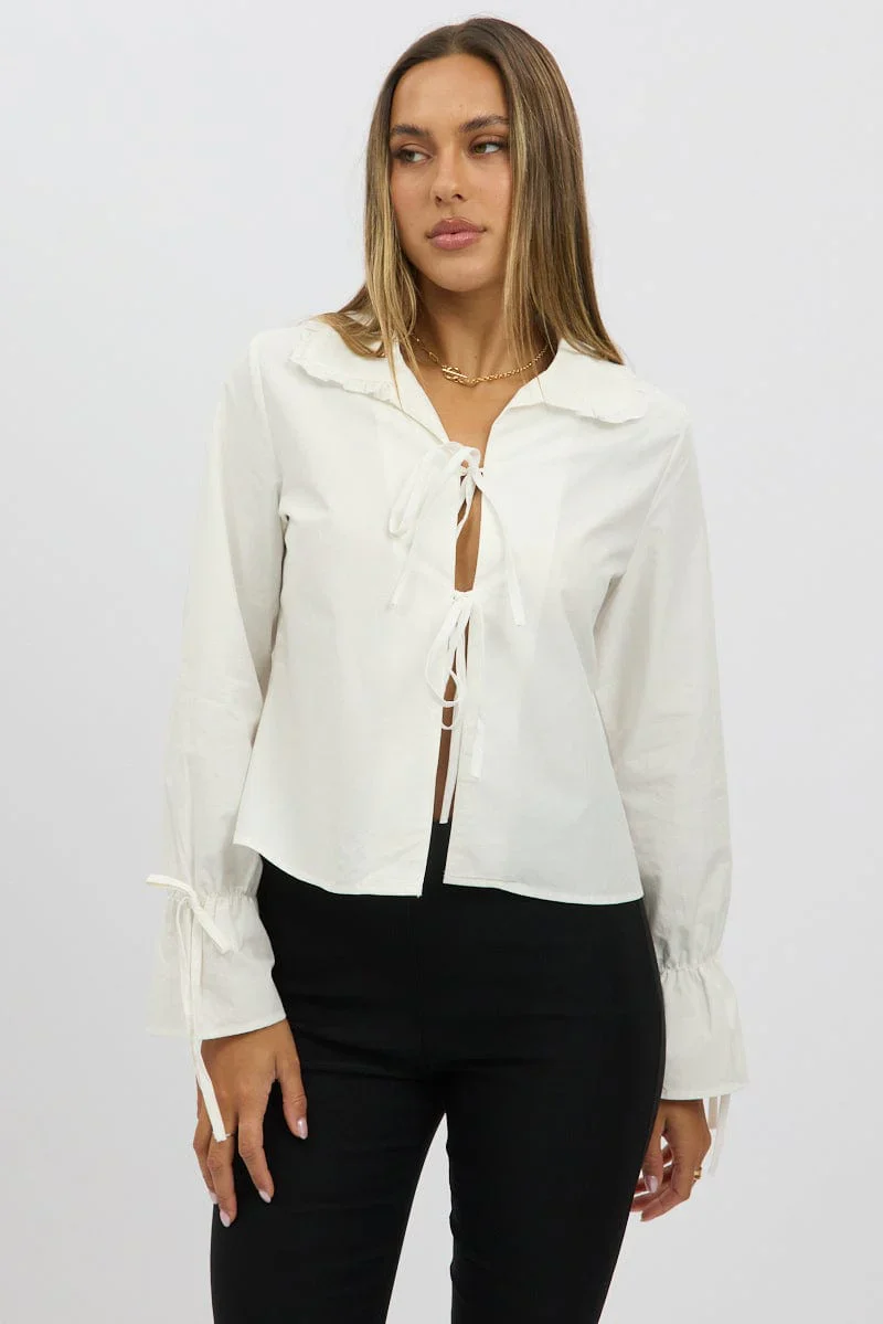 White Tie Up Shirt Long Sleeve Peter Pan Collar