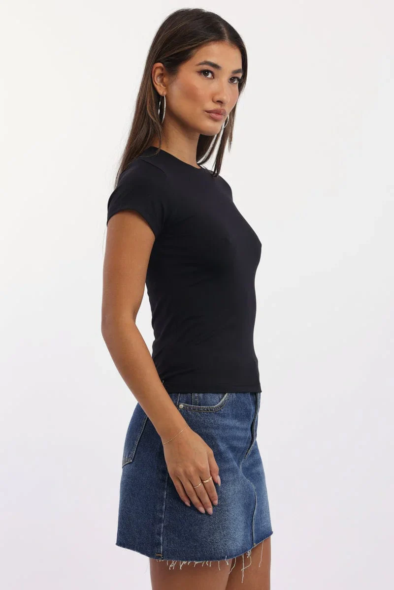 Black T-Shirt Short Sleeve Crew Neck Long Line