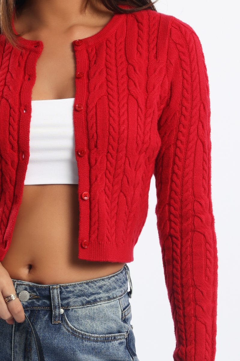 Red Knit Cardigan Long Sleeve Crew Neck