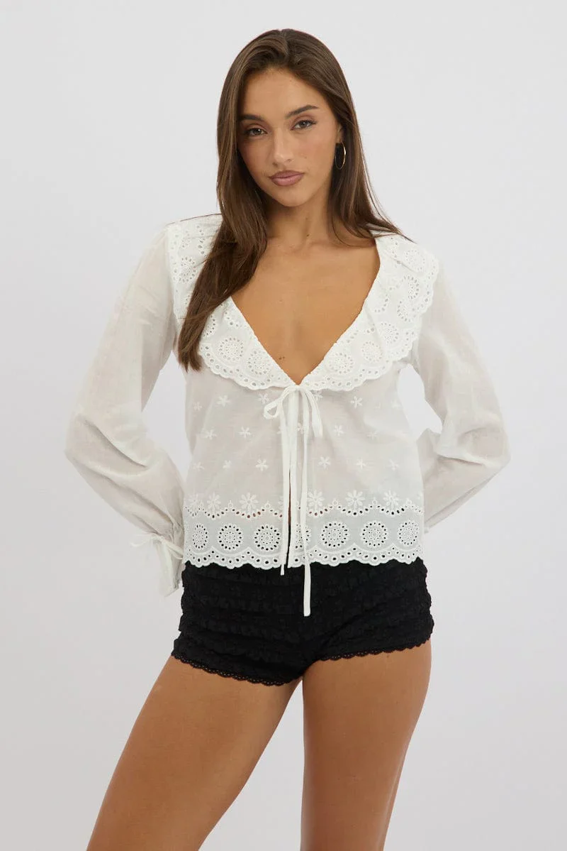 White Eyelet Top Tie Front Long Sleeve Collared