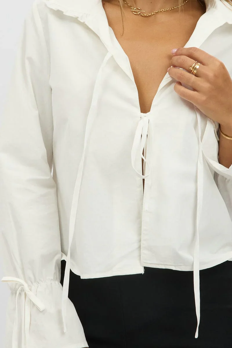 White Tie Up Shirt Long Sleeve Peter Pan Collar
