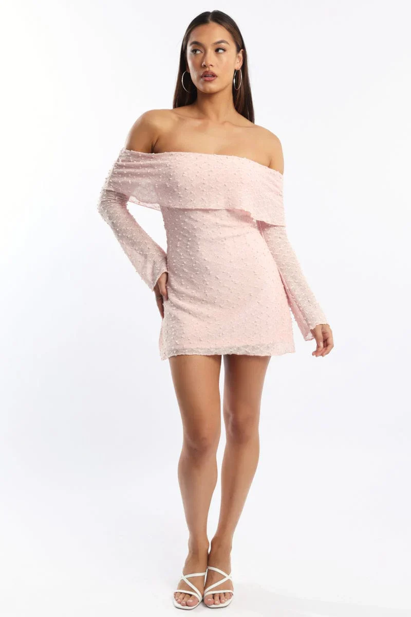 Pink Off Shoulder Dress Long Sleeve