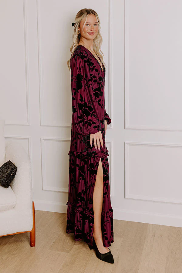 Moonlit Rendezvous Velvet Burnout Maxi Dress in Windsor Wine