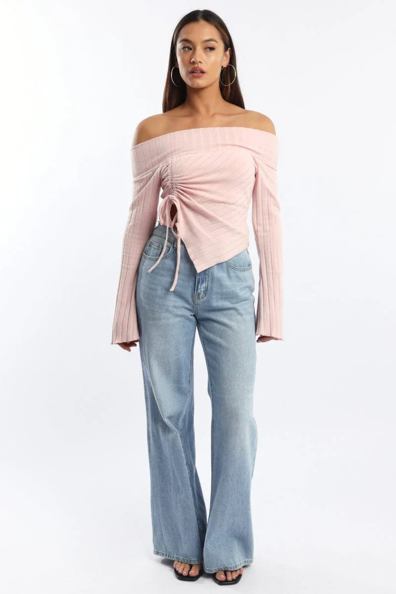 Pink Off Shoulder Top Long Sleeve Ruched