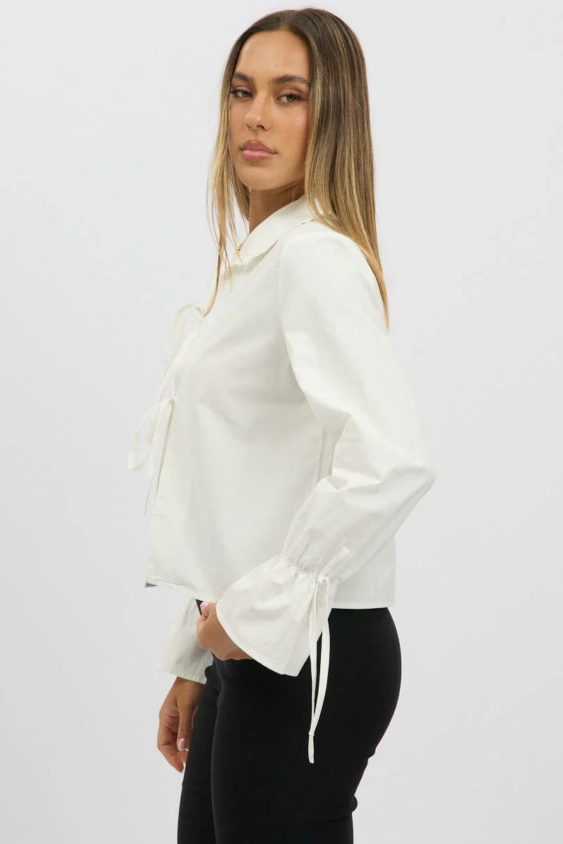 White Tie Up Shirt Long Sleeve Peter Pan Collar