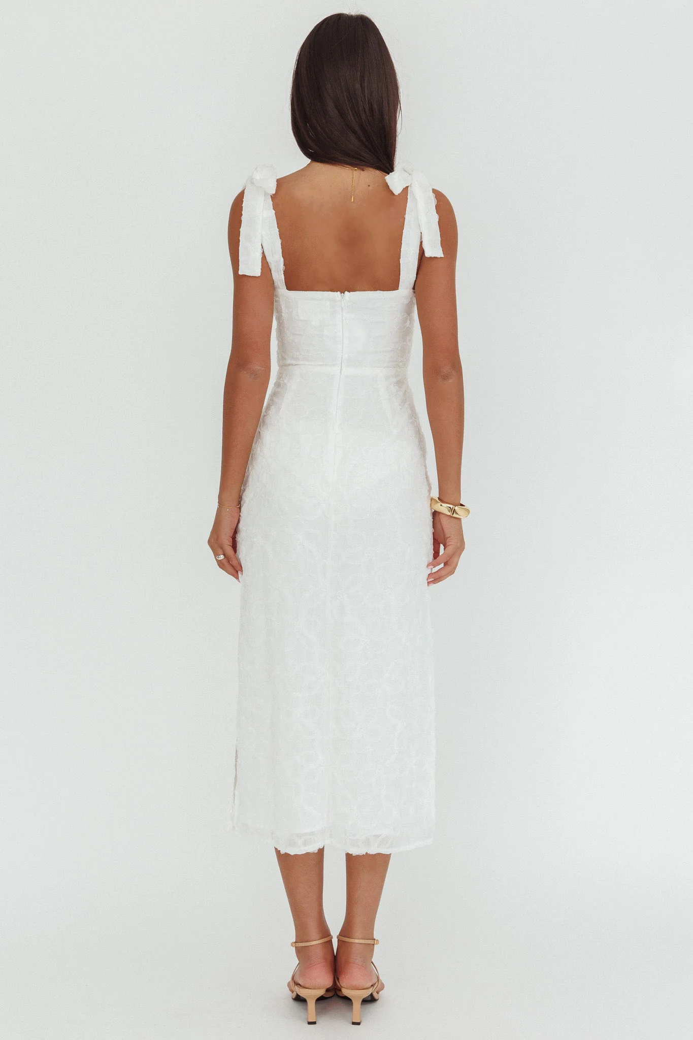 Cupid Tied Shoulder Embellished Midi Dress White
