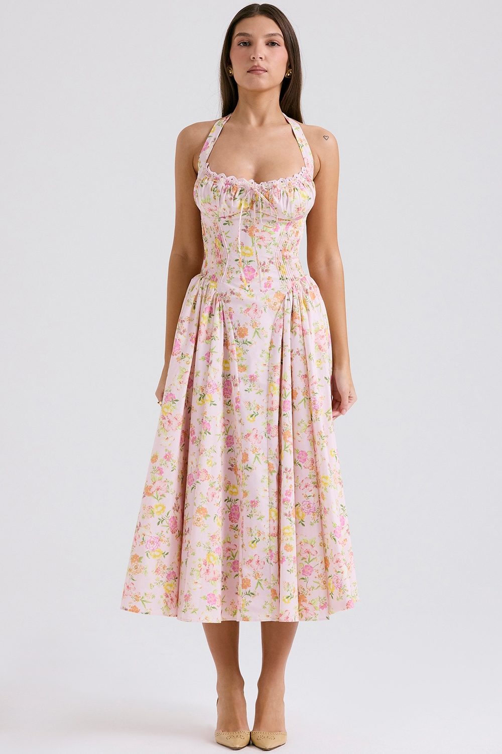 Adabella-Pink Meadow Print Cotton Halter Midi Sundress