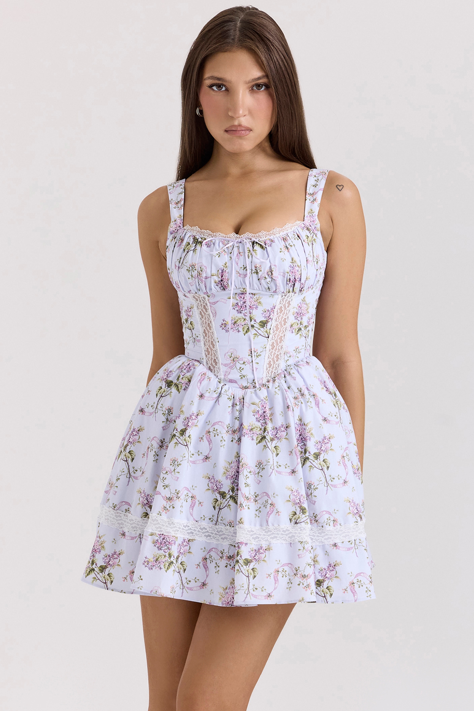 Kimmie-Lilac Ribbon Print Cotton Mini Dress