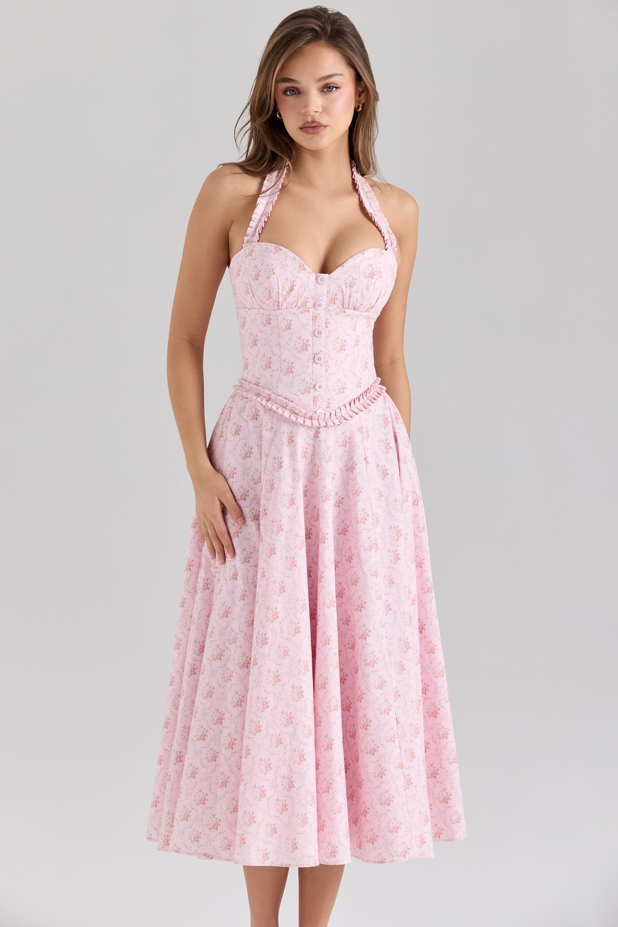 Georgie-Pink Rose Print Stretch Cotton Halter Neck Midi Dress