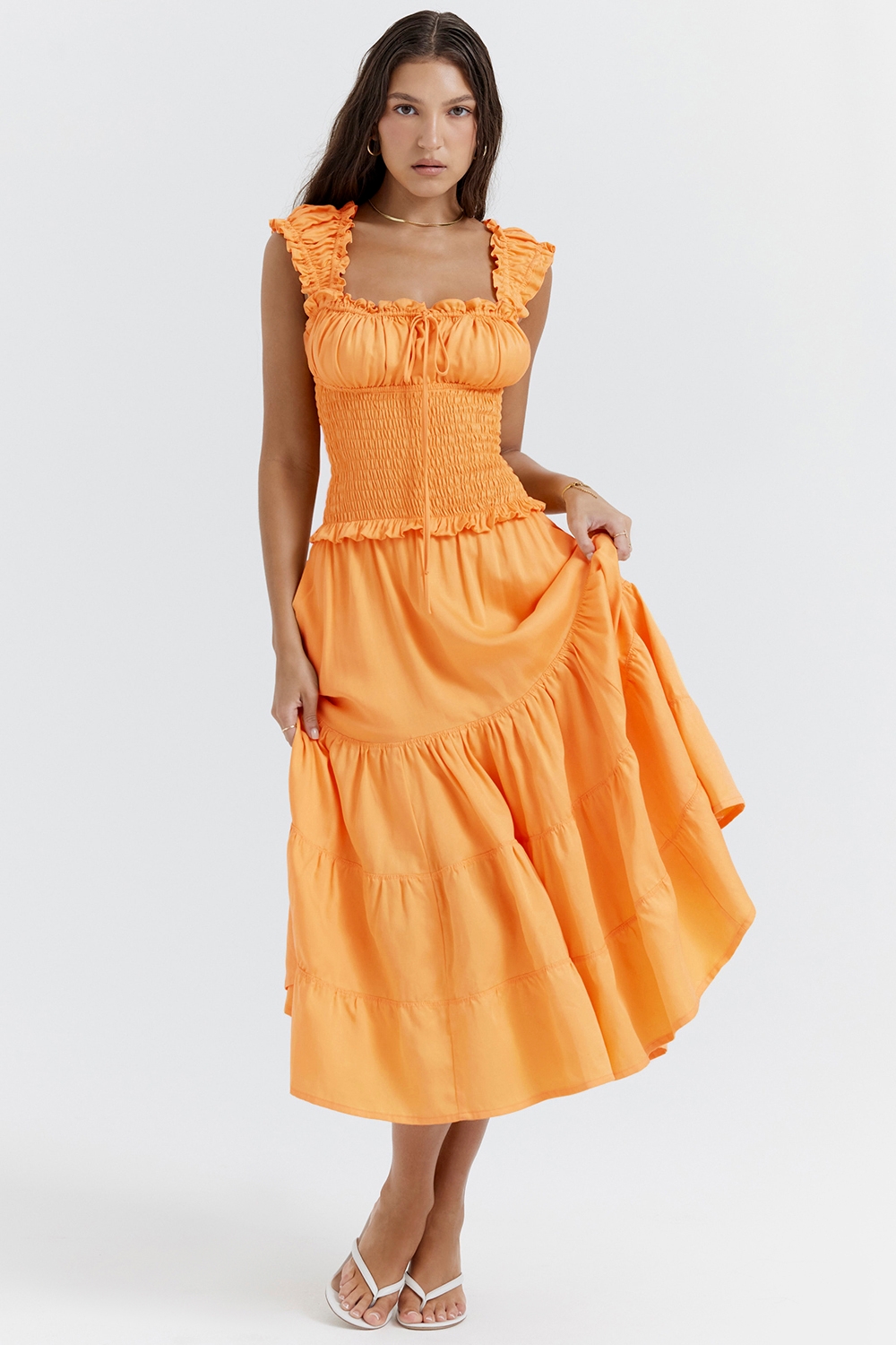 Phedra-Tangerine Shirred Sundress