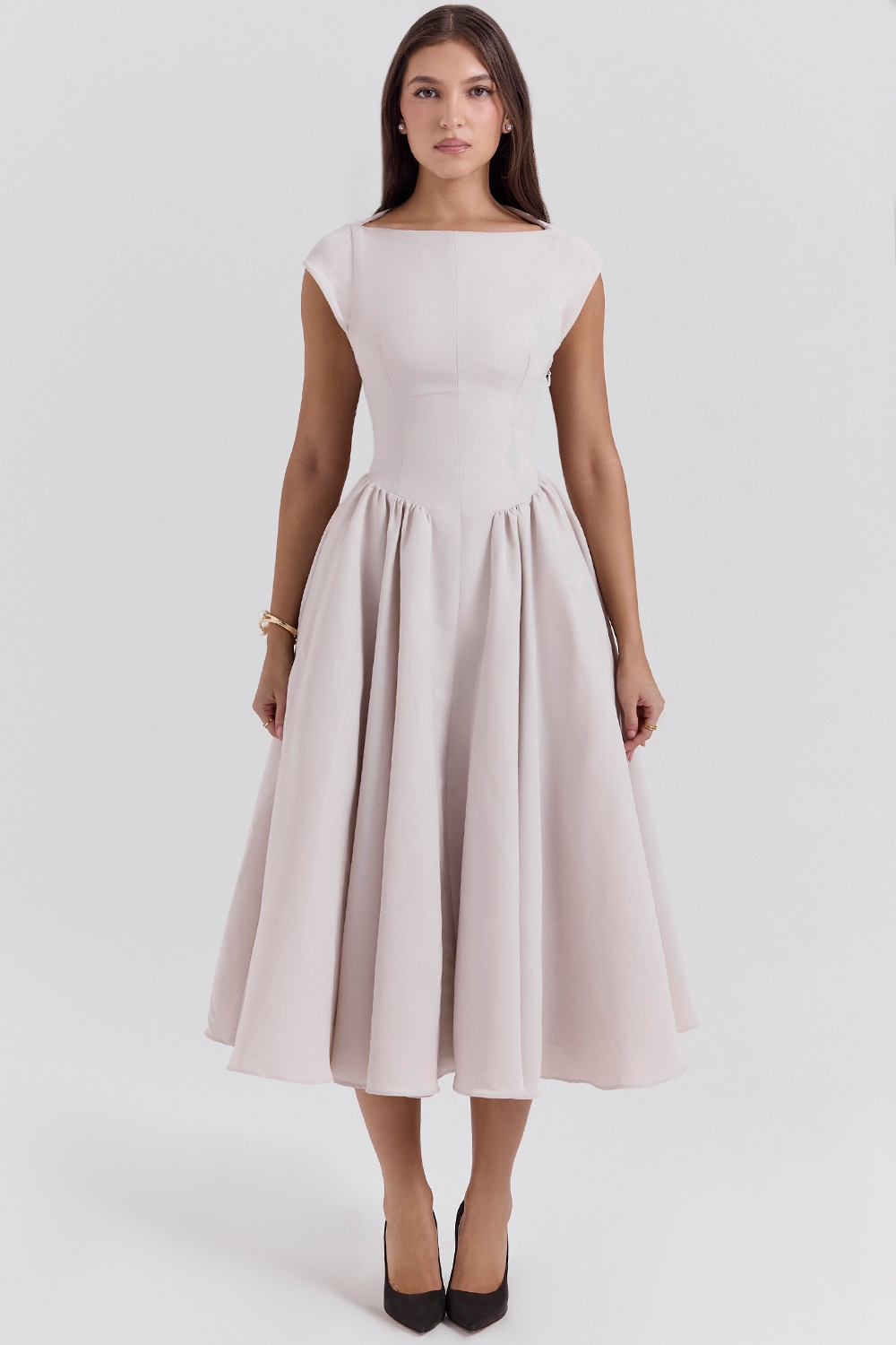 Debutante-French Dove Moire Satin Backless Midi Dress