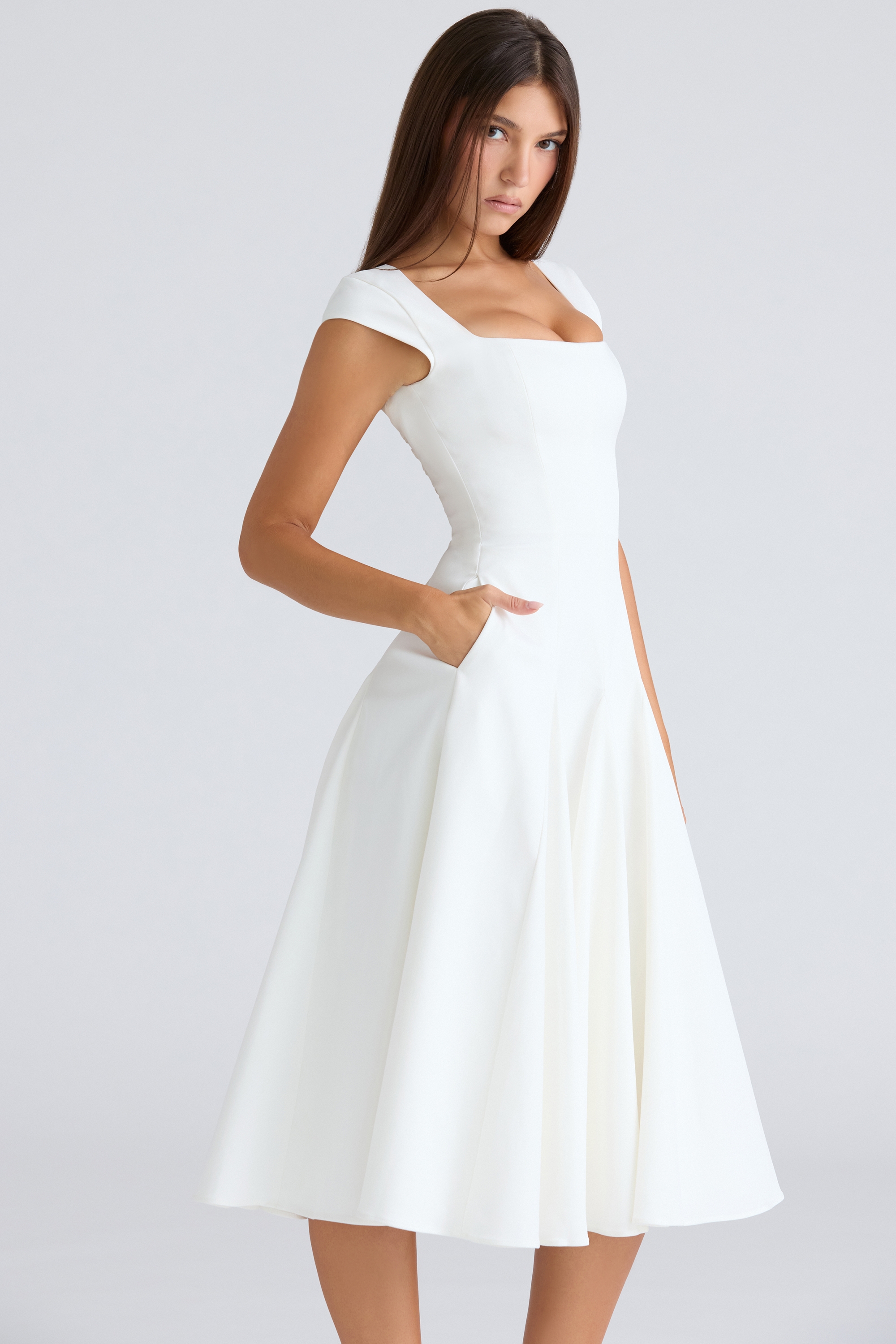 Raisa-White Square Neck Twill Midi Dress