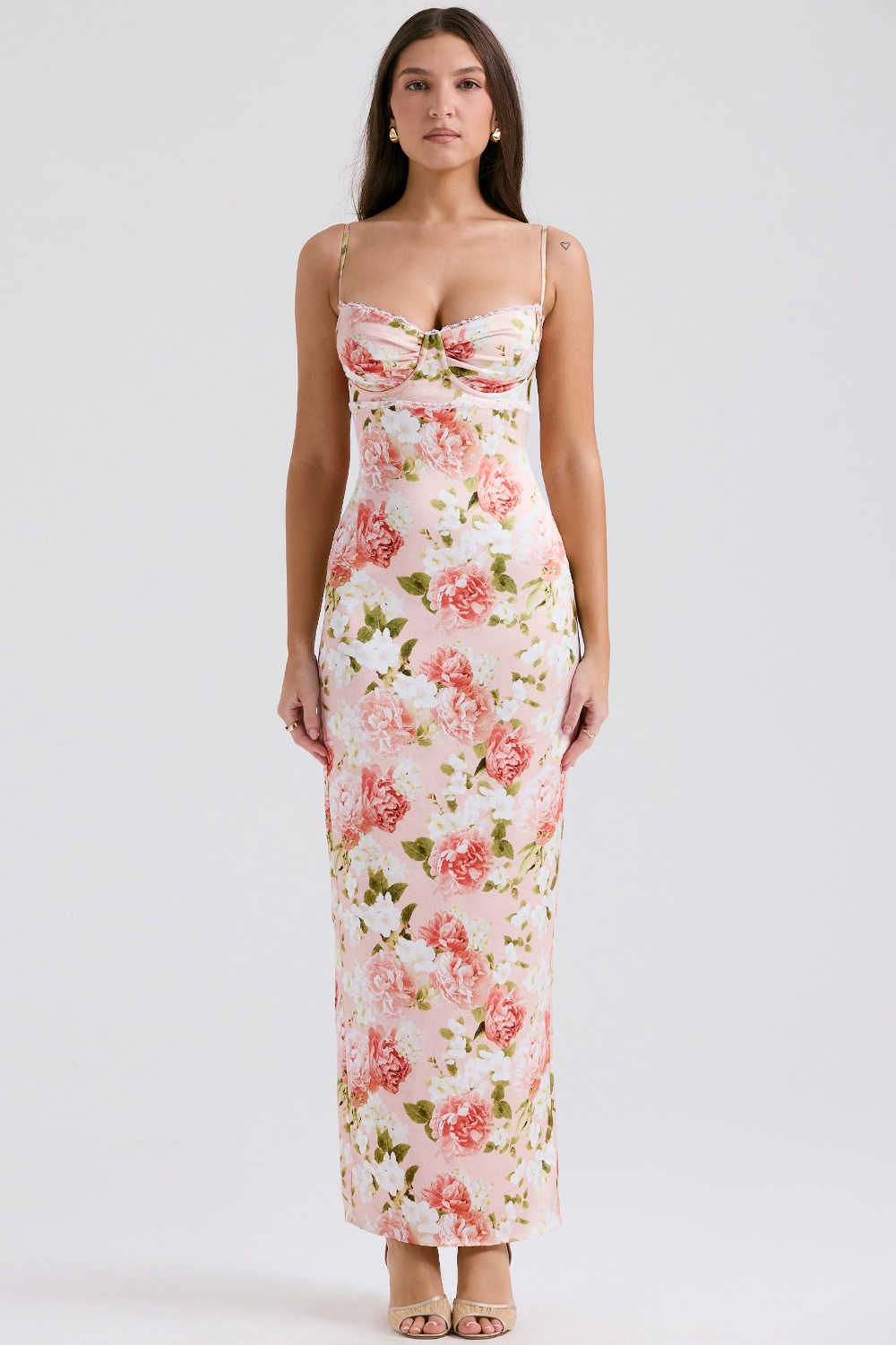 Josefina-Pink Peony Print Satin Maxi Dress