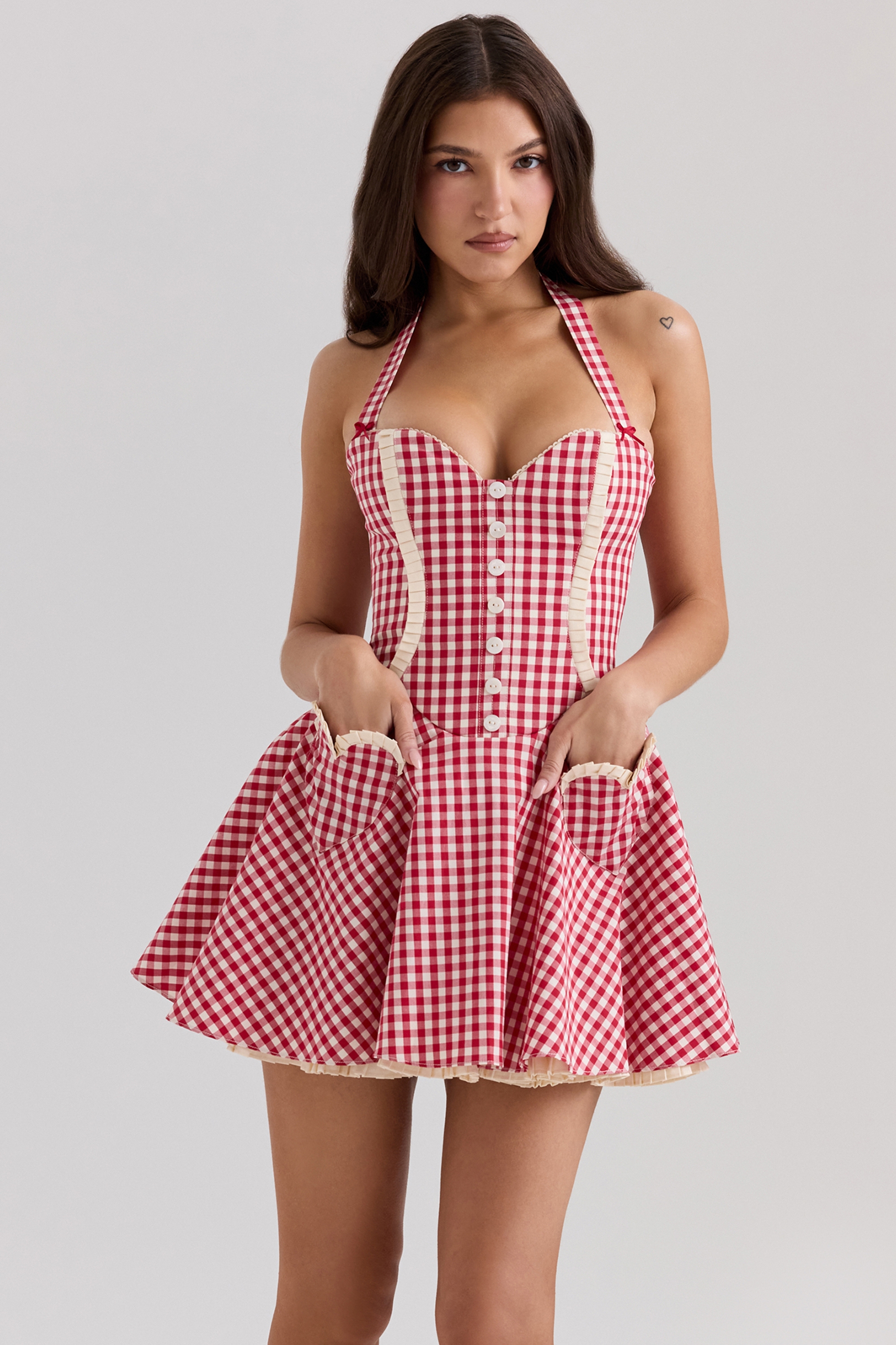Heidi-Red Gingham Cotton Halter Neck Mini Dress
