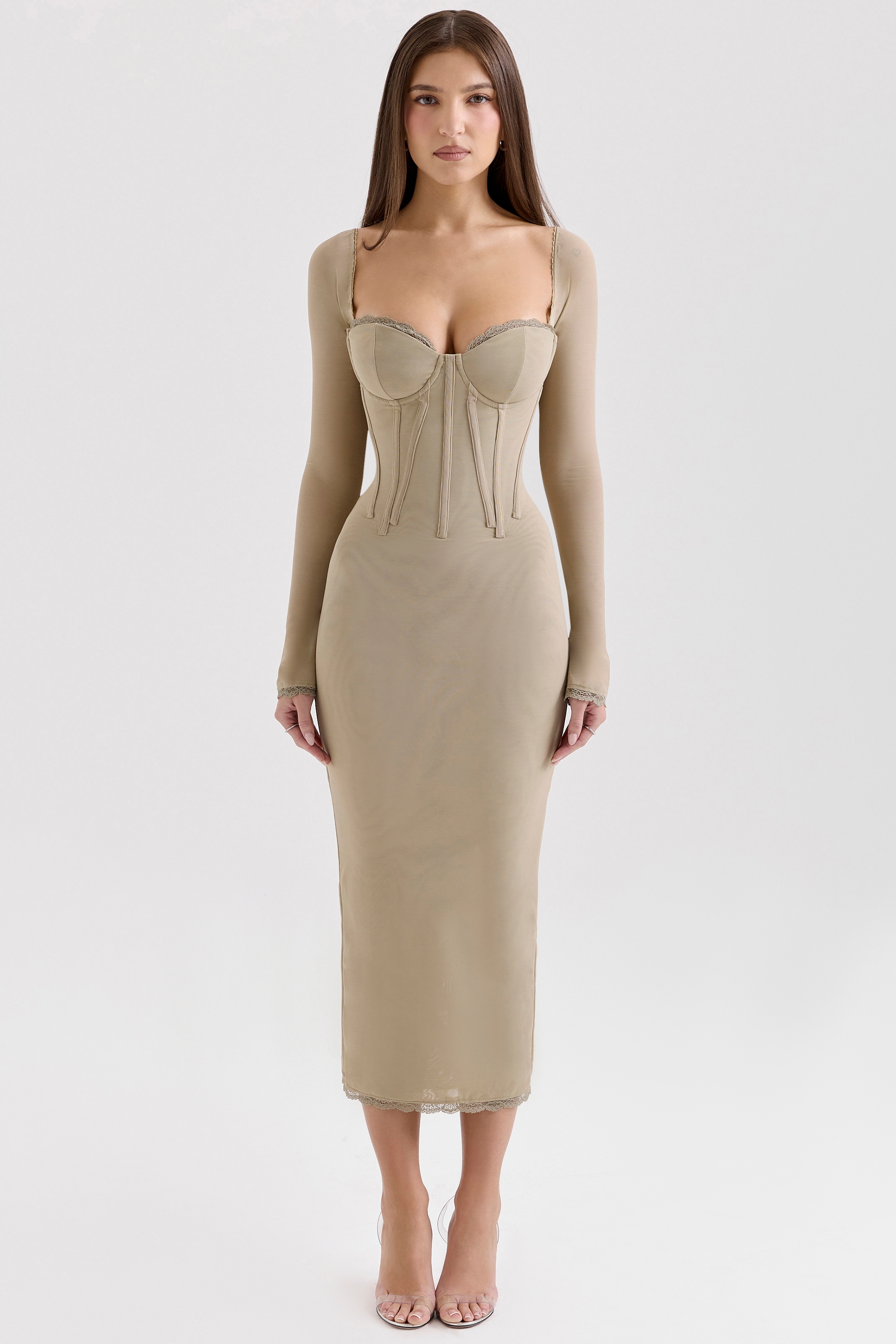 Saisha-Beige Mesh Long Sleeve Bodycon Midi Dress
