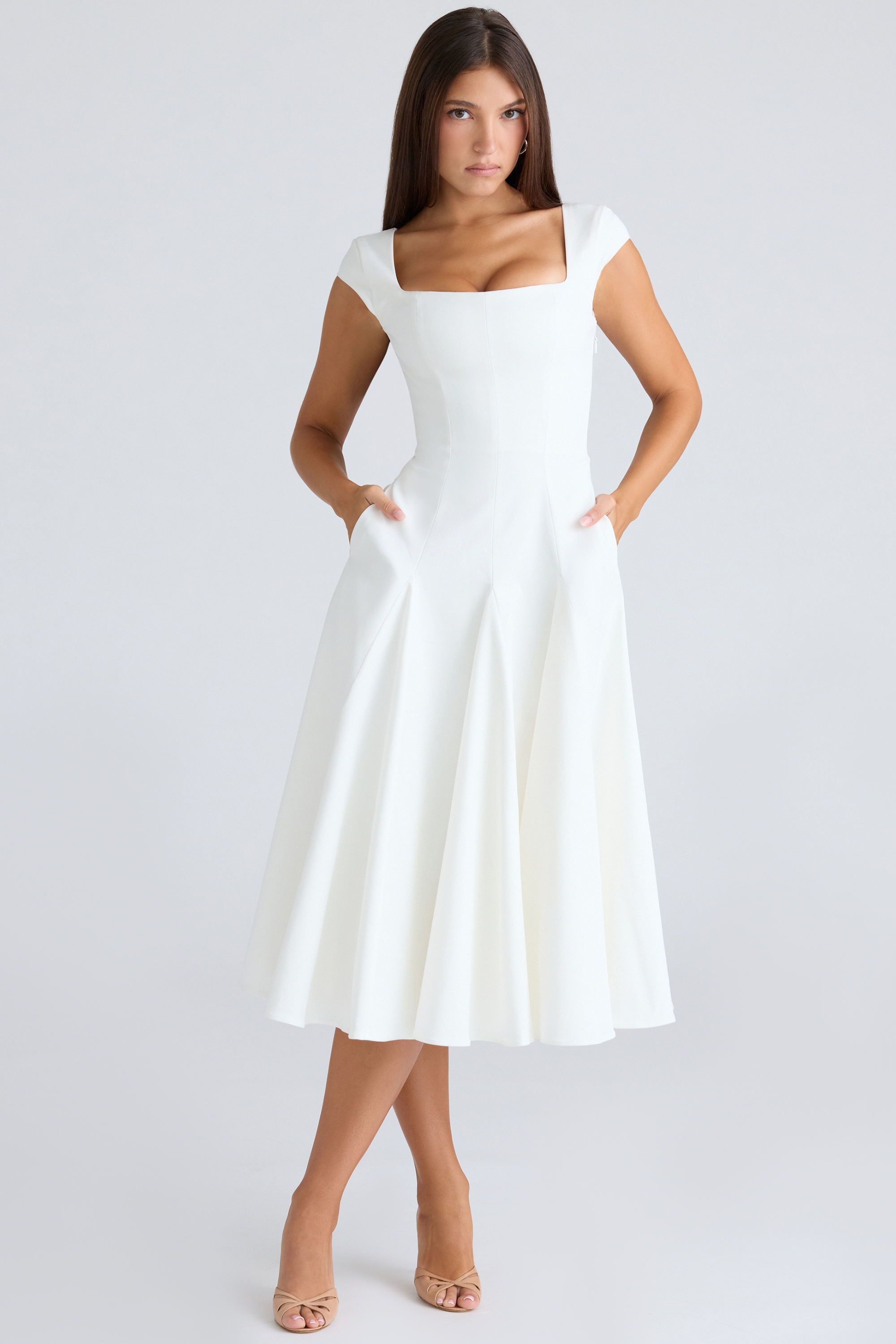 Raisa-White Square Neck Twill Midi Dress