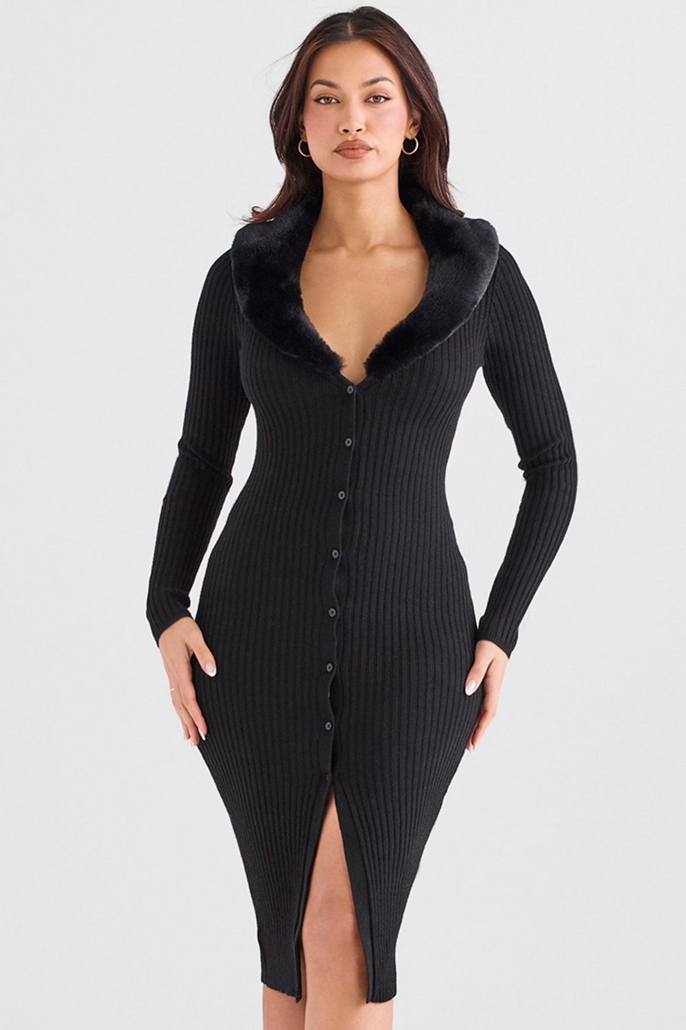 Raine-Black Faux Fur Trim Dress - SALE