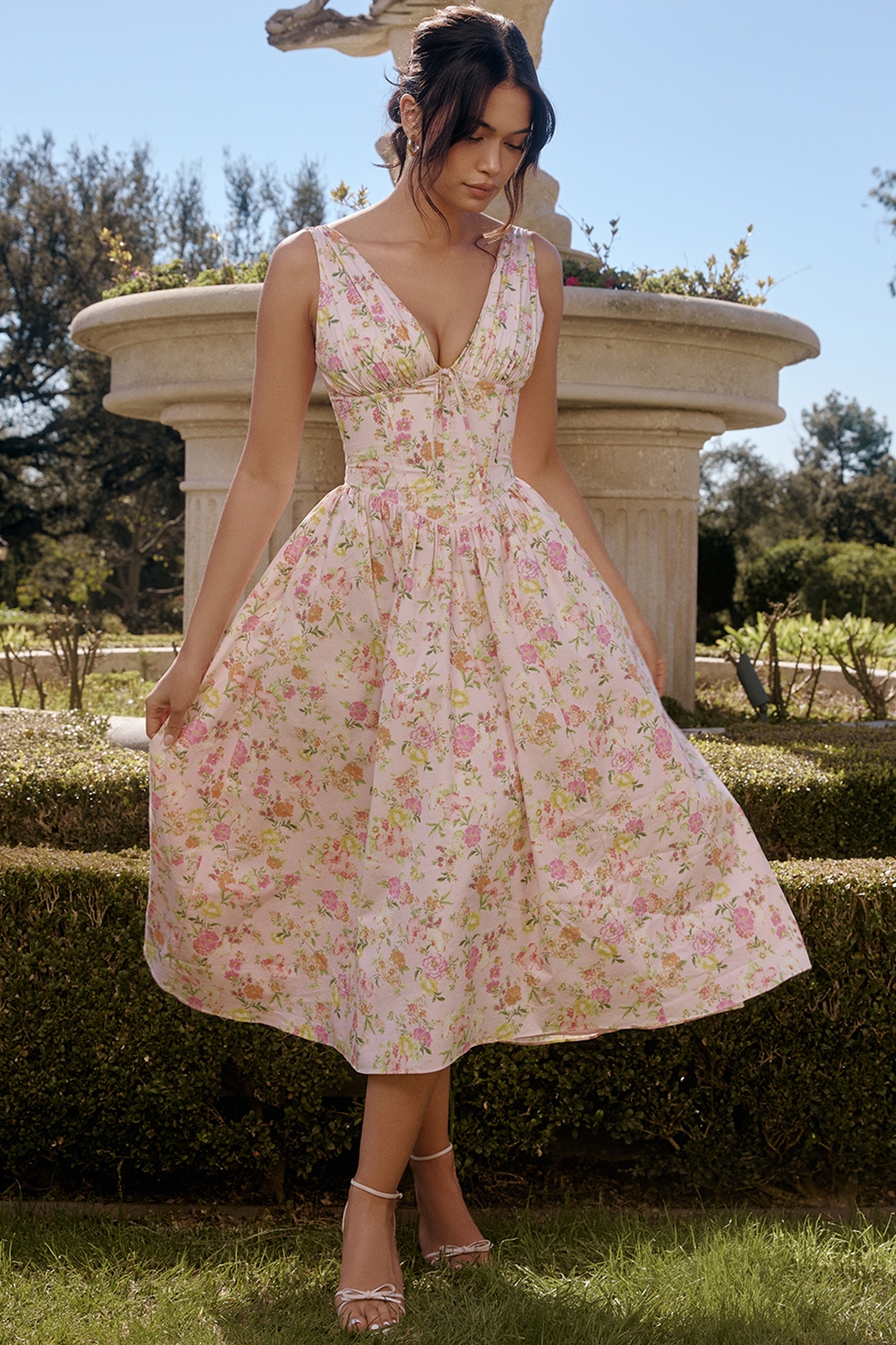 Emmelina-Pink Meadow Print Cotton Corset Sundress