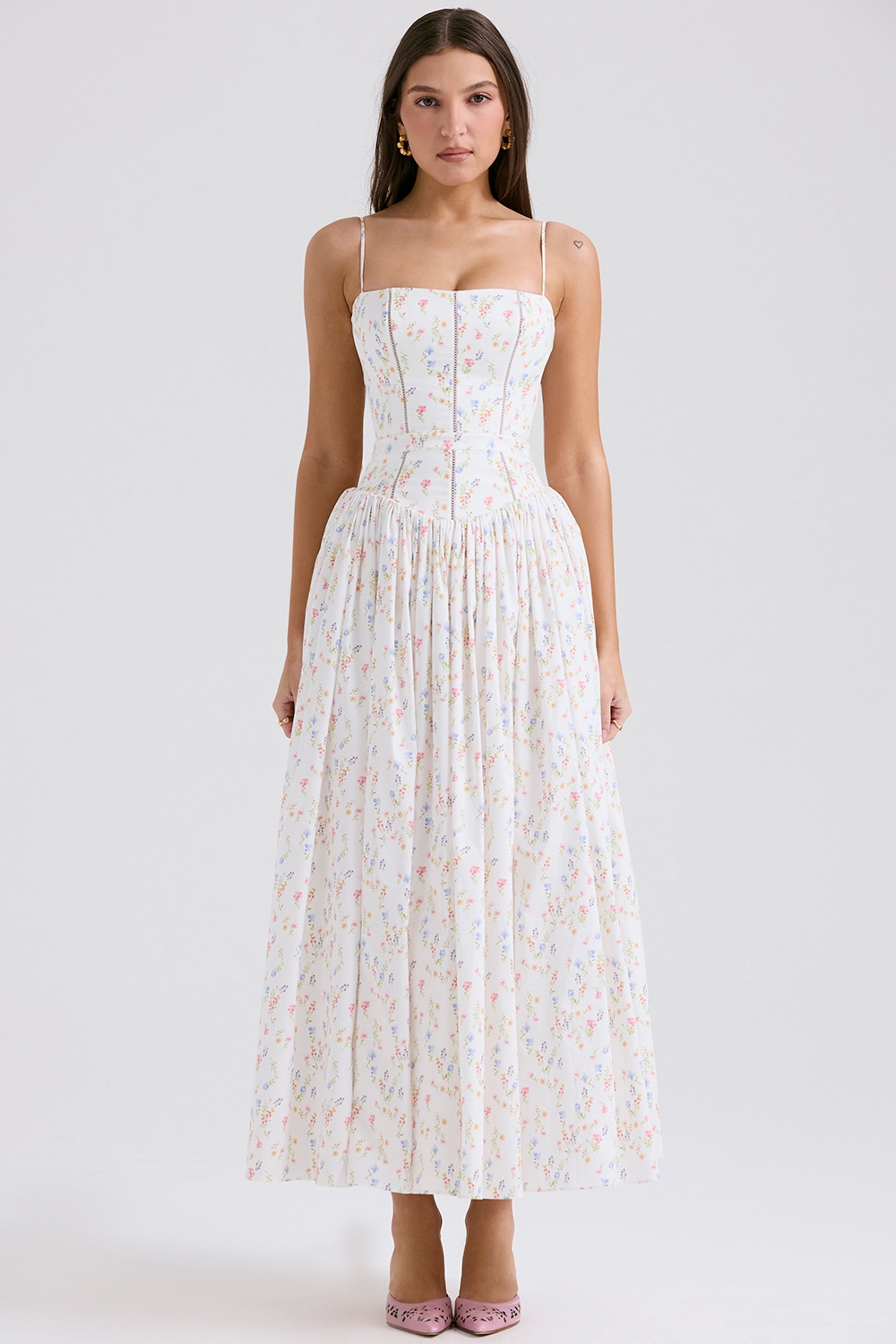 Ysabella-White Posy Print Cotton Maxi Sundress
