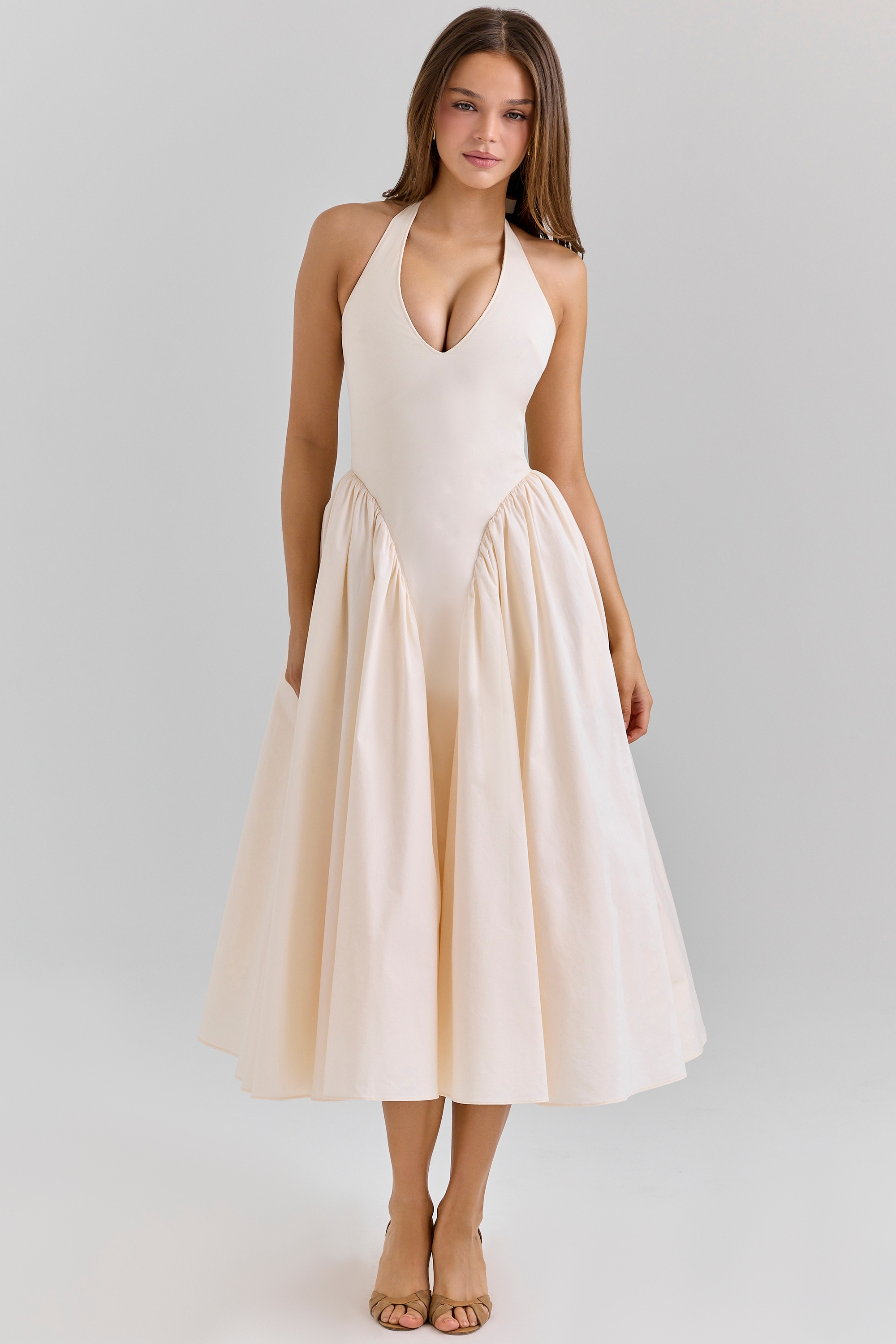 Marilyn-Ecru Stretch Cotton Midi Sundress