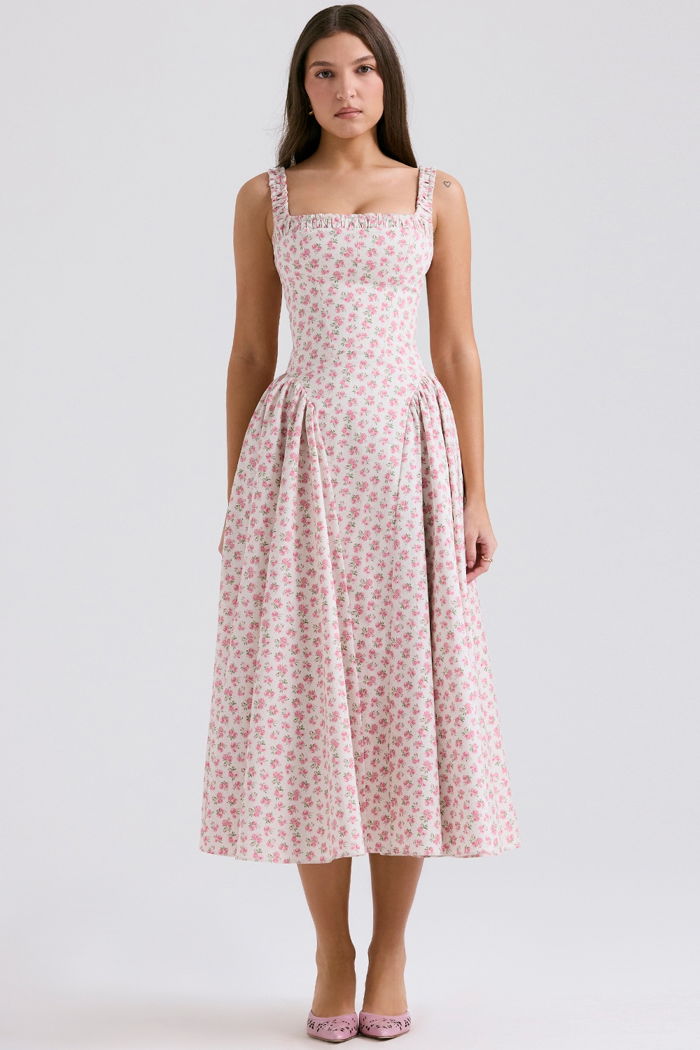 Dorothy-White Rosebud Print Cotton Midi Sundress