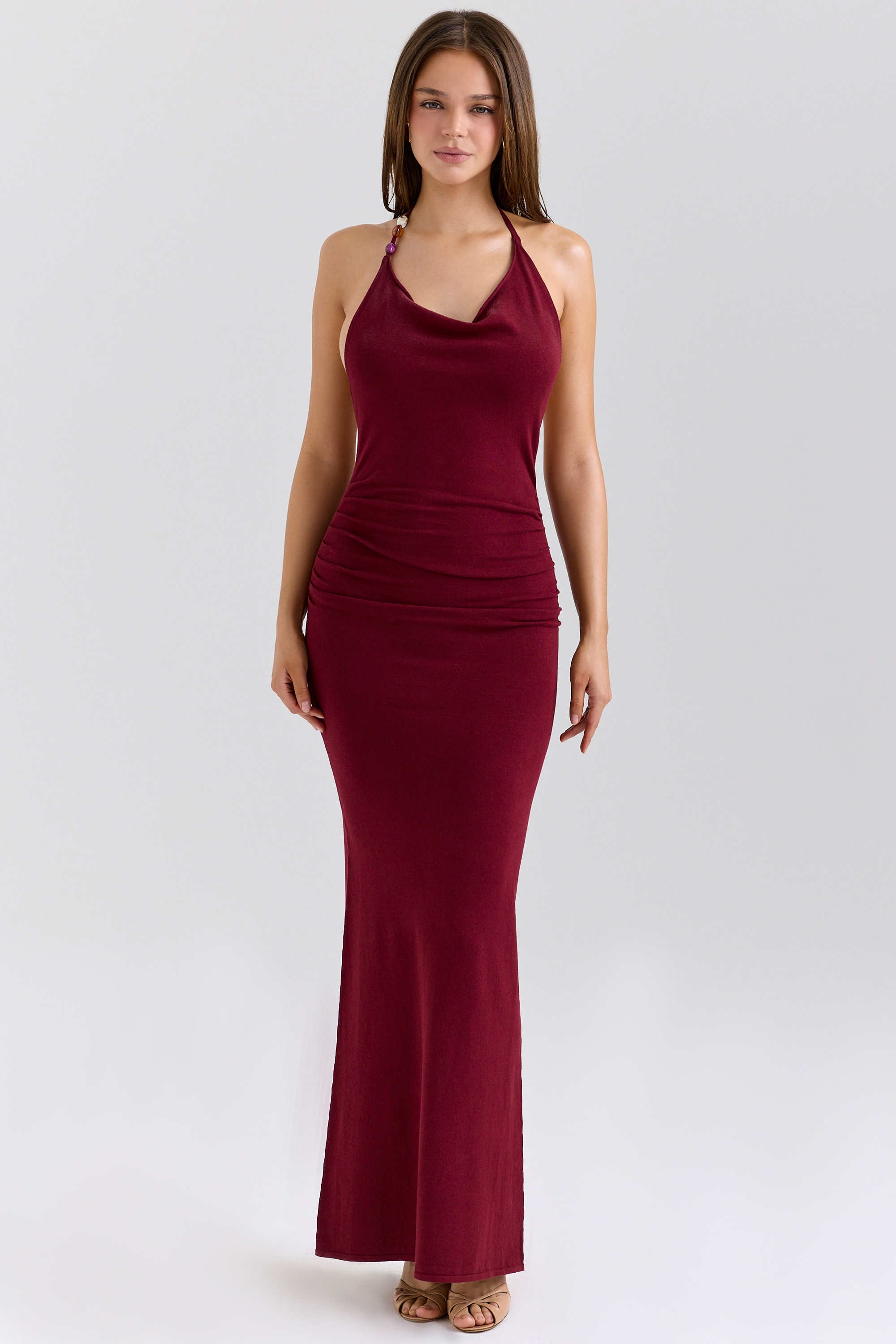 Thalina-Wine Draped Halter Neck Knit Maxi Dress