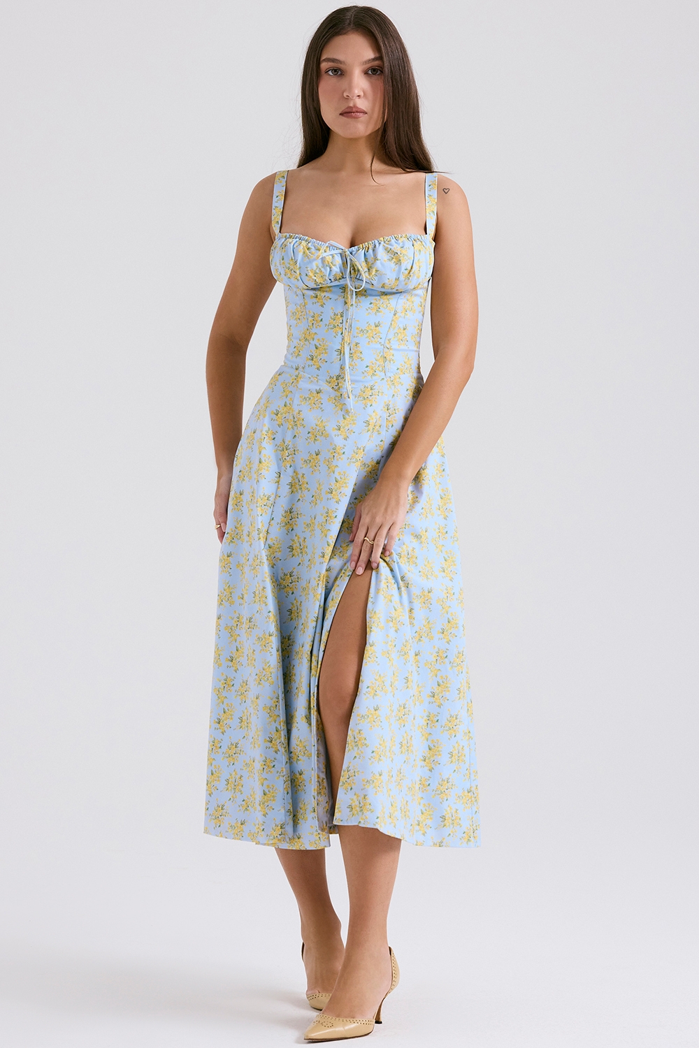 Carmen-Soft Blue Vintage Floral Print Cotton Bustier Sundress