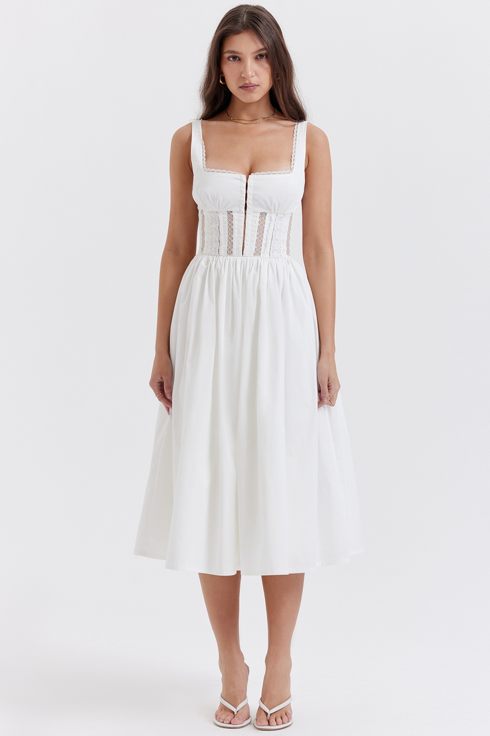 Perle-White Lace Trim Midi Dress