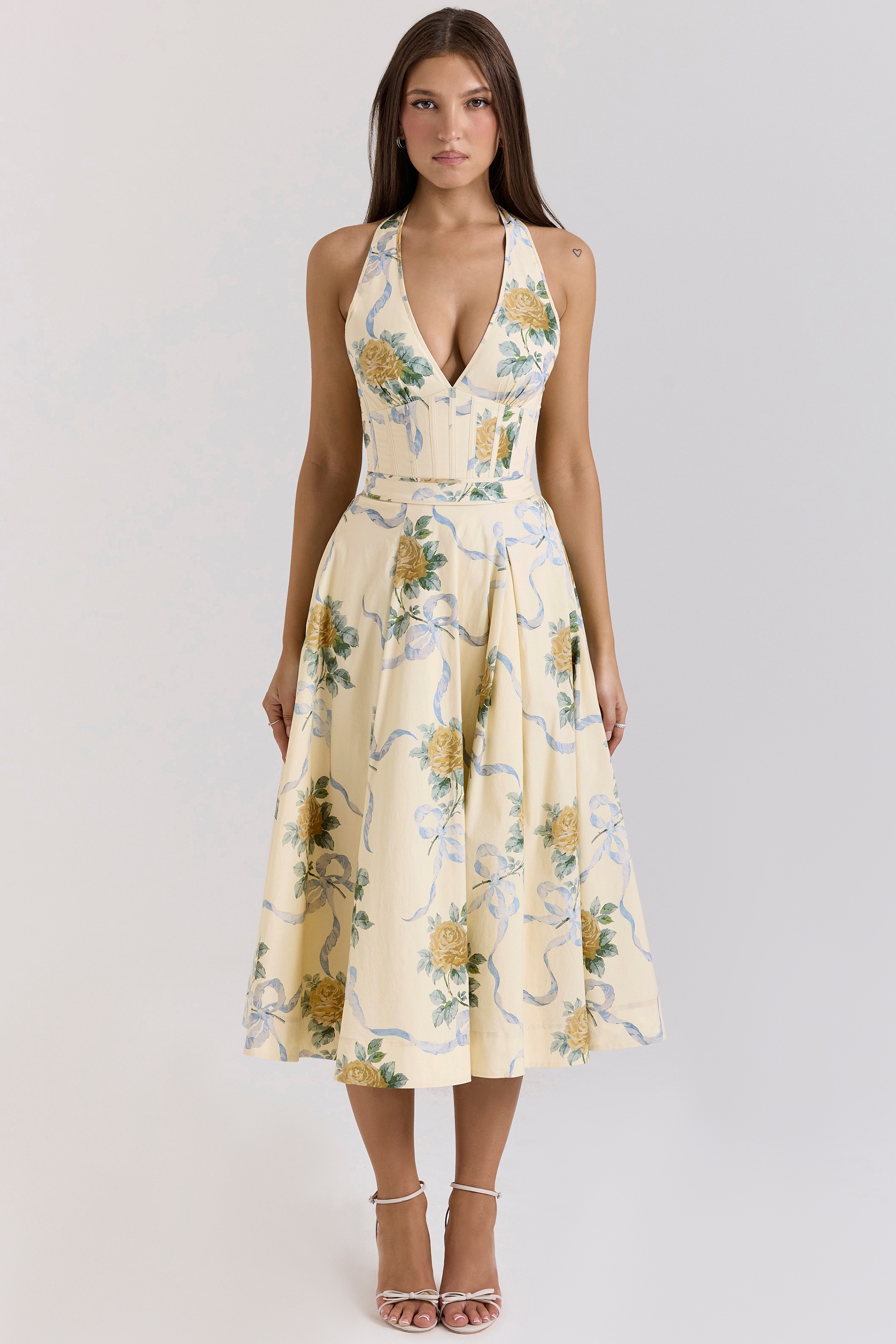 Allena-Lemon Ribbon Stretch Cotton Halter Midi Sundress