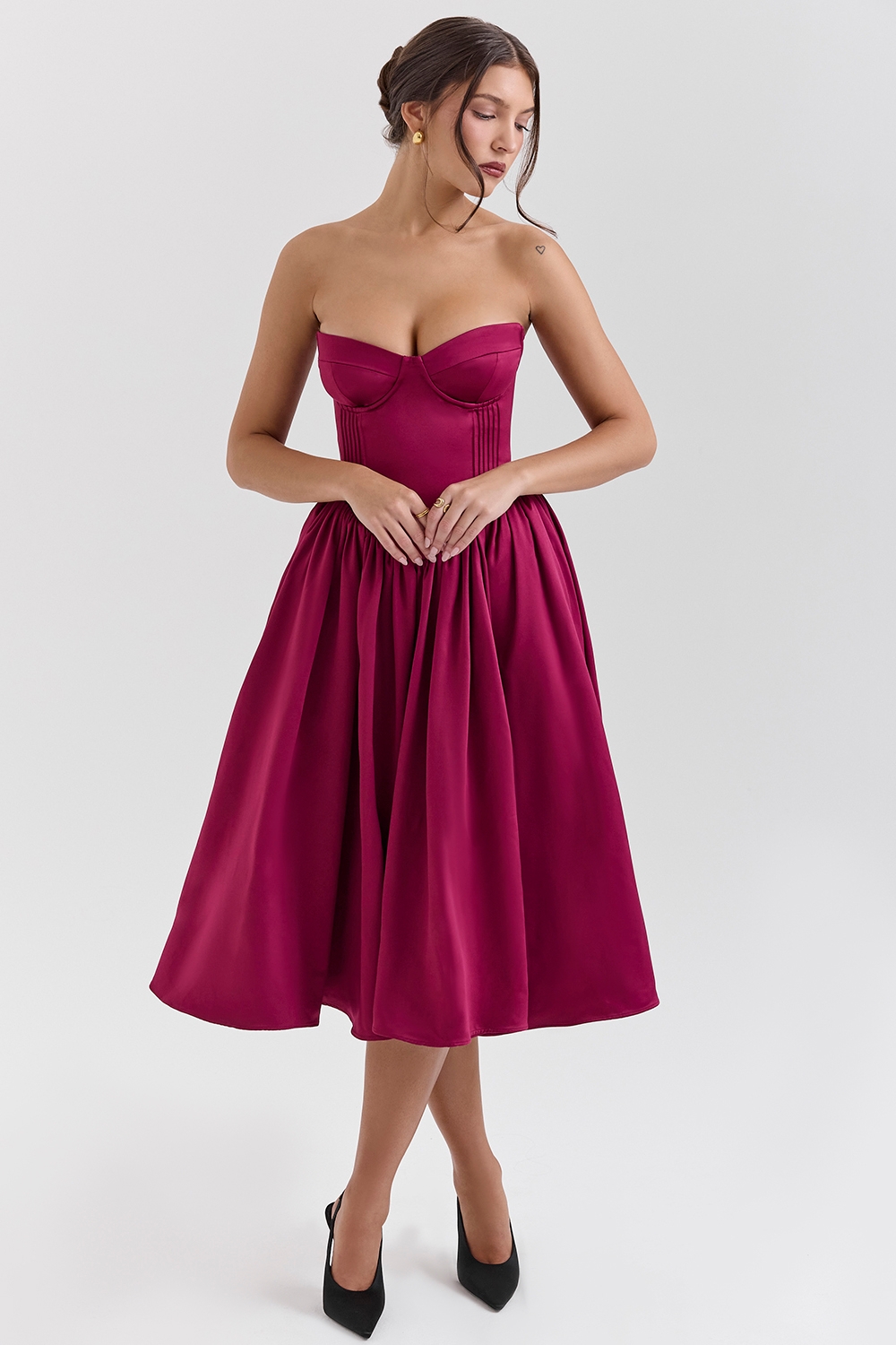 Coco-Burgundy Satin Tulle Midi Dress - SALE