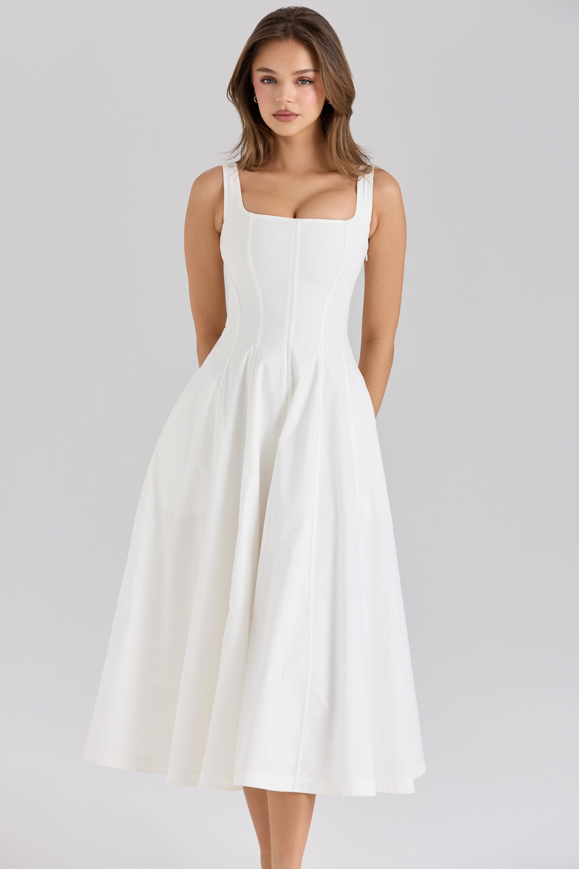 Mariabella-White Stretch Cotton Midi Sundress