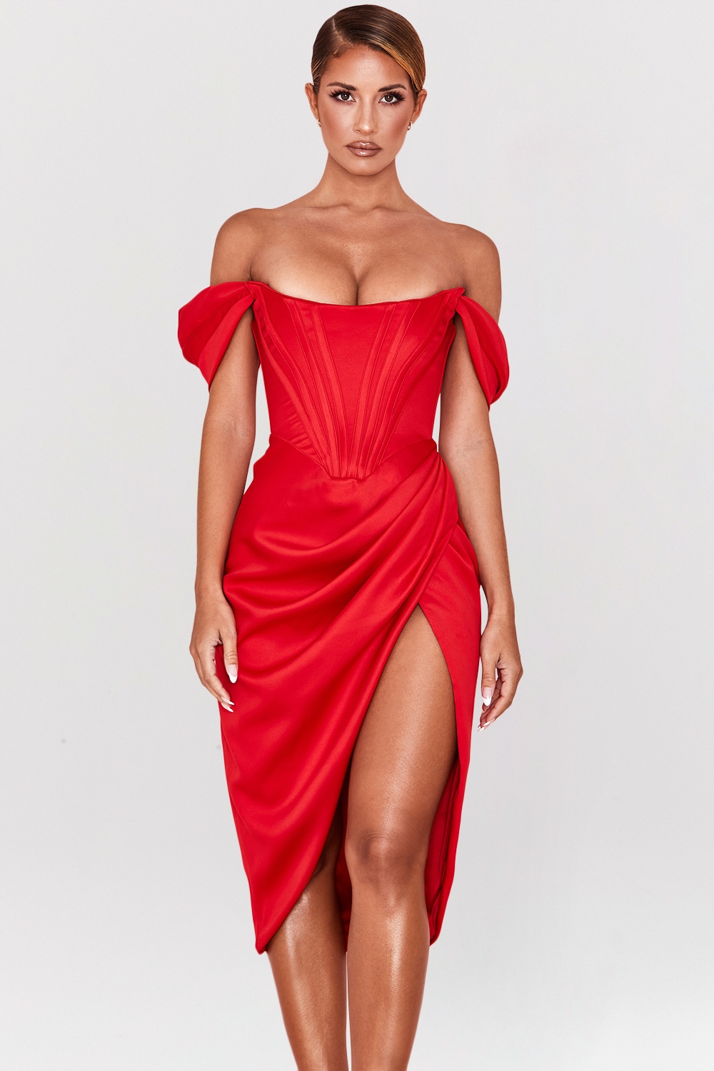 Loretta-Red Satin Off Shoulder Dress